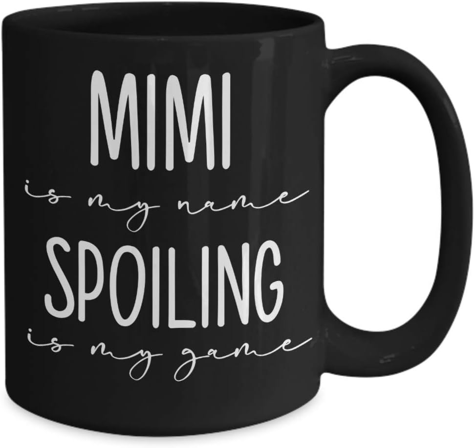 Mimi Mug from Grandkids Spoiling is My Game Funny Birthday Christmas Mothers Day for Grandma Cute 11 or 15Oz Black Ceramic Novelty Coffee Comment Tea