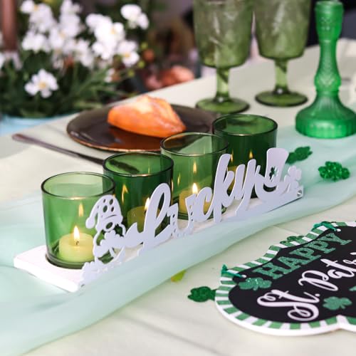 SYFURNIX St Patricks Votive Candle Holder Set, Includes 4 Glass Tealight Holders & 1 Wooden Candle Tray, Green & White St. Patrick's Day Decorations for Table, Office & Indoor Decor by SYFURNIX - Image 8