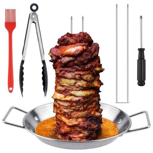 Vertical Kebab Skewer Stand Stainless Steel Meat Skewer with Replacement Two Double Spike(10) and 10 inch Barbecue Gyro Spits Pan for Steak,Chicken,Fish,Turkey Kebab
