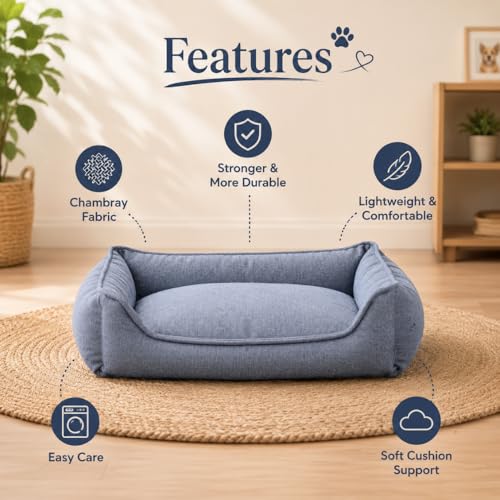 Image of Chambray Dog Bed with Removable Cover, Durable Polyester Fabric, Soft Fiber Cushion, Breathable, Non-Slip Base | Ideal for Small to Medium Dogs, 22x28x7.5 Inch
