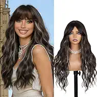 Dark Brown with Ash Blonde Highlights Wig With Bangs Long Curly Wavy Wigs For Women Skin-Friendly Synthetic Brown Wig With Dark Root Realistic Look With True Scalp For Daily Party Use（26 Inch ）