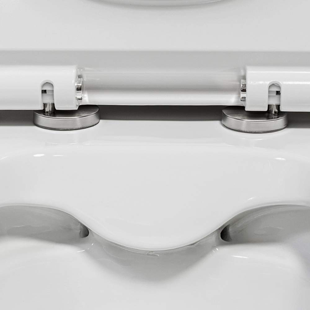 Coppia Sanitari Filo Muro o filoparete Rimless, Bianco, Design squadrato moderno, Completo di Copriwater con Chiusura Soft-Close (Bianco Lucido)