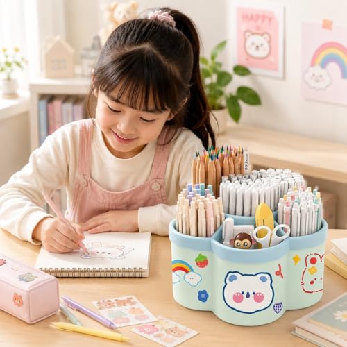 Image of Sumiko Sumiko 360 Degree Rotating Pen Holder Desk School Study Stationery Gift for Students Organiser with Pen and Pencil Holders Pen and Pencil Stationary Storage Plastic Storage Box (GREEN)