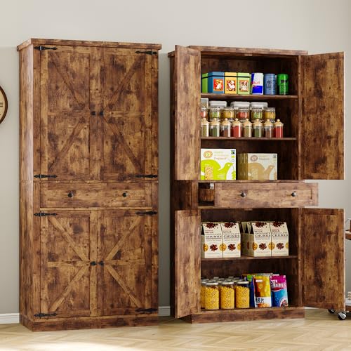 Image of BORNOON Pantry Organizers and Storage Cabinet, 67.71 inch Barn Door White Kitchen Cabinet with Drawers and Adjustable Shelf, Tall Pantry for Kitchen, Dining Room, Living Room