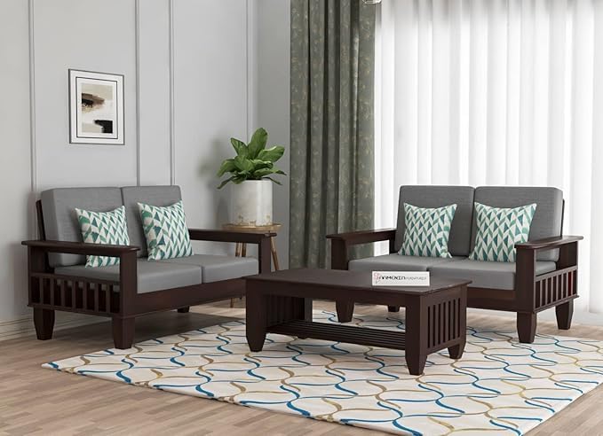 Image of Sheesham Wooden 4 Seater Sofa for Living Room | Rosewood 4 Seater Cushion Sofa with Side Newspaper Holder for Home & Office (-Walnut Finish,2+2 Seater)