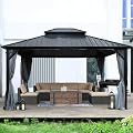 Yardenaler 12x16 FT Hardtop Gazebo Canopy with Double Galvanized Steel Roof, Permanent Outdoor Pavilion with Curtain & Mesh Netting for Patio. Garden, Backyard, Black