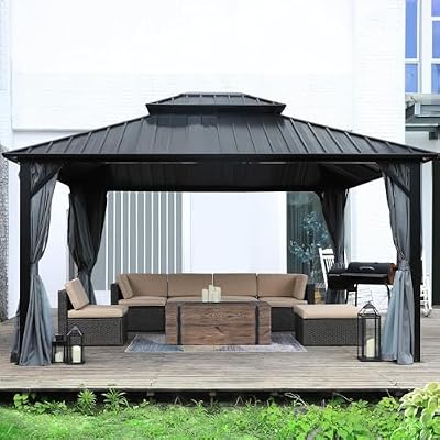 Yardenaler 12x16 FT Hardtop Gazebo Canopy with Double Galvanized Steel Roof, Permanent Outdoor Pavilion with Curtain & Mesh Netting for Patio. Garden, Backyard, Black