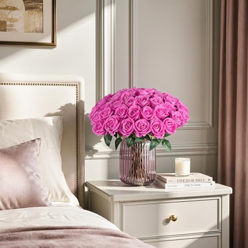 Image of INSPRING 50 PCS Hot Pink Roses Artificial Flowers with Long Stems | Real Looking, Fake Roses, Silk Flowers, DIY Bouquet, Wedding Party Celebration Home Bridal Decoration Gift, for Her Wife