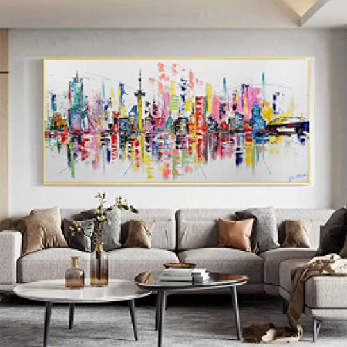 Toile paysage abstrait coloré de ville 30x60cm pour décoration murale salon