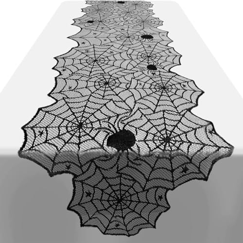 WUSJCOF Caminho de mesa com renda, teias de aranha, decorações de mesa para Halloween, toalha de mesa, decoração de mesa, decoração de Halloween, fita de mesa preta (45 cm de largura x 1,8 m de
