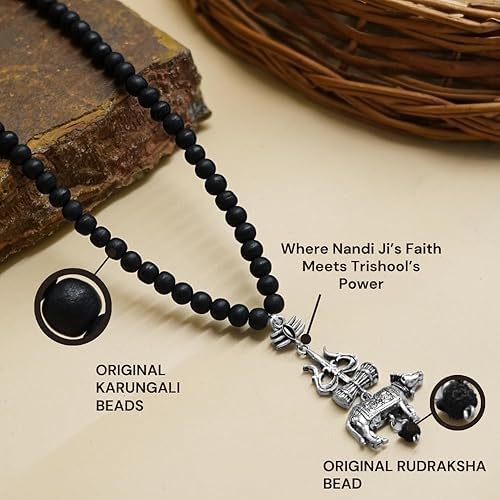 Image of Black Ebony Wood Karungali Mala with Trishool Nandi Rudraksha Pendant