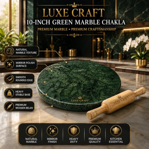 Image of 10 Inch Green Marble Chakla Belan Set | Indian Marble Roti Rolling Board | Roti Maker Phulka Maker Chapati Maker | Smooth Finish Heavy Duty Chakla with Wooden Rolling Pin for Home & Kitchen