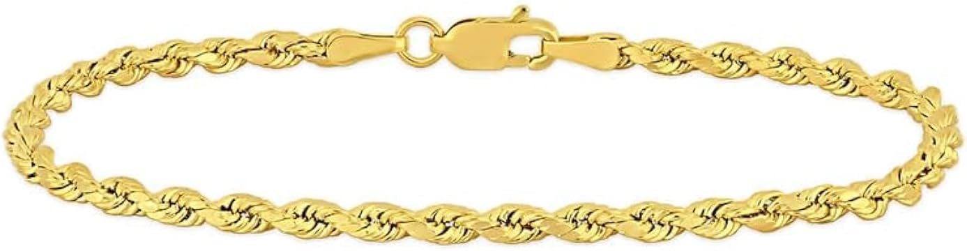 14K Real Gold Rope Chain Bracelet for Men and Women - Cadena de Oro para Hombres y Mujeres - (14k - 3mm - 7.5 Inch)