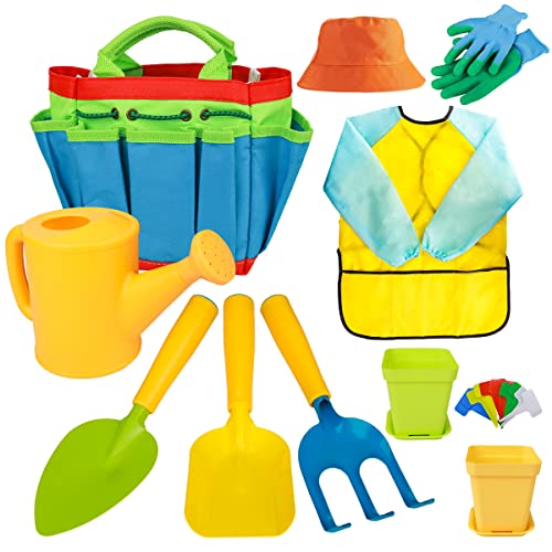 Meland Kids Gardening Tools - Toddler Garden Tools Set - Kids Metal, Shovel, Rake, Trowel in One Tote Bag with Watering Can, Gardening Gloves, Smock - Garden Toys Gift for Preschool Boys & Girls