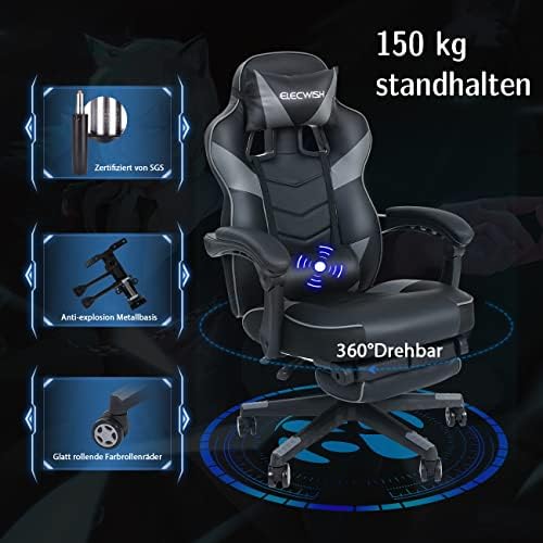 YU YUSING Racing Massage Gaming Chair Racing Desk Chair Swivel Adjustable Computer Chair with Headrest Lumbar Pillow, PU Leather, Recliner Tilt & Lock Function Ergonomic Office Home,Grey