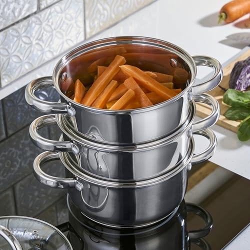Cooks Professional 3 Tier Stainless Steel Steamer Pan | Durable Vegetable Steam Cooker Pots with Glass Lid, Vent & Twin Handles | Suitable for All Hobs Inc Induction | Dishwasher Safe | 18cm Diameter - Image 2