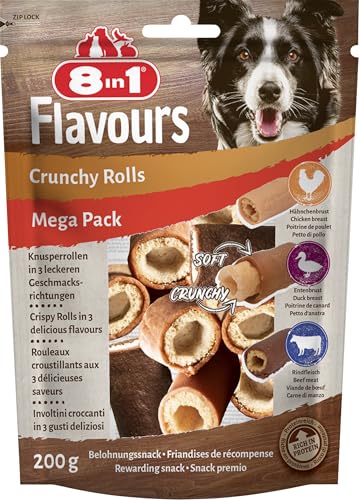 8in1 Flavours Crunchy Rolls Friandises pour Chien Adulte Toutes Tailles – Au Poulet, Canard, Bœuf – Riches en Protéines, Faibles en Graisses, sans Céréales ni OGM ni conservateurs – 200 g