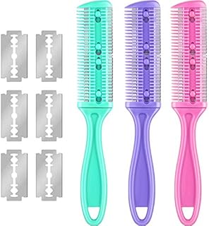 3 Pieces Razor Comb with 10 Pieces Razors, Hair Cutter Comb Cutting Scissors, Double Edge Razor, Hair Thinning Comb Slim Haircuts Cutting Tool (Green, Purple, Pink)