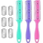 3 Pieces Hair Cutting Comb Set with 10 Razors, Double Edge Razor, Thinning Comb for Slim Haircuts (Green, Purple, Pink)