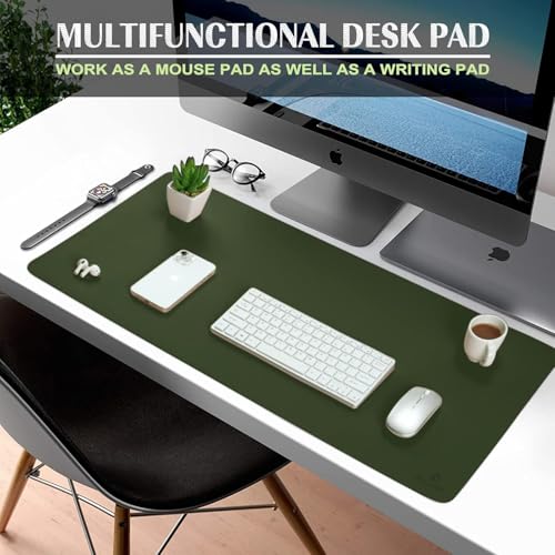 Image of AROPANA Vegan Leather Desk Mat | Large Reversible Mouse Pad & Computer Table Protector | Dual-Side Waterproof Extended Laptop Pad with Edge-Stitched Design (90x45CM, Deep Green & Grey)