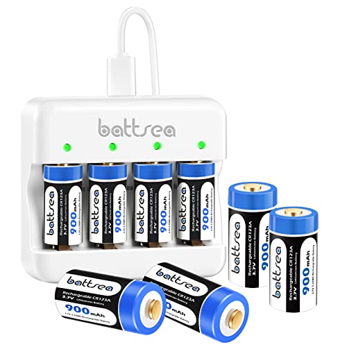 Battsea 900mAh 123A wiederaufladbare Lithium Batterie 8 Satz mit schnellem Ladegerät 123 für Compatible with Arlo Kamera VMC3030 VMK3200 VMS3330 VMS3330 VMS3330 Taschenlampen Mikrofon Rauchmelder
