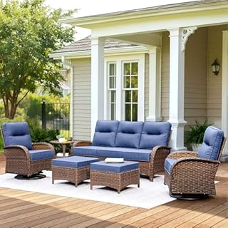 NUSBAY Patio Furniture Set with 6-Inch Thick Cushions, High Back Outdoor Swivel Rocker Chairs, Patio Couch and Ottomans, 6-Piece Easy Assembly Conversation Set for Porch Deck Pool Yard in Blue