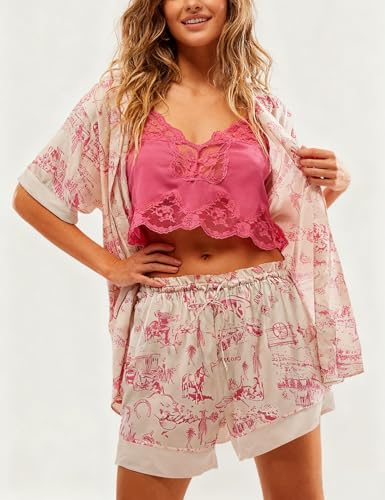 Image of Women Silk Pajamas Floral Satin 2 Piece Pajama Sets | Button Down Short Sleeve Shirt and Elastic High Waist Shorts, Vintage 2Pcs Pj Sets, Two Piece Lounge Set, Elegant Sleepwear