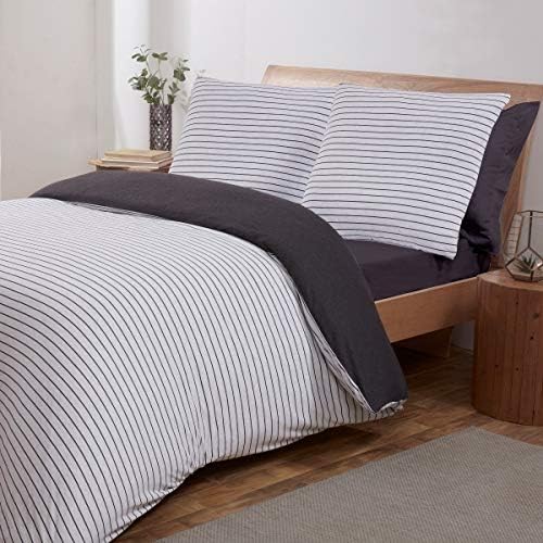 Sleepdown Stripe Grey Charcoal Jersey Melange Warm Cosy Soft Easy Care Plain Reversible Duvet Cover Quilt Bedding Set with Pillowcase - Single (135cm x 200cm)