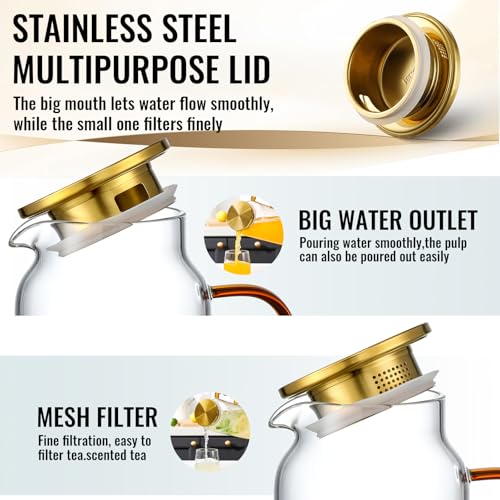 4 Pack 2 Liter/68 oz Glass Pitcher with Lid, Water Pitchers with Handle for Fridge, Large Jug for Iced Tea, Coffee, Borosilicate Glass Carafe for Hot/Cold Brew Drink and Homemade Beverage, Gold - Image 5