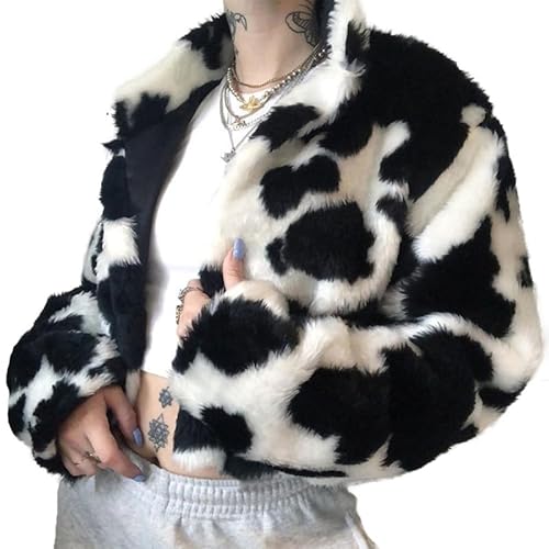 CORIRESHA Women's Cow Print Faux Fur Fuzzy Coat Open Front Winter Warm Crop Outwear