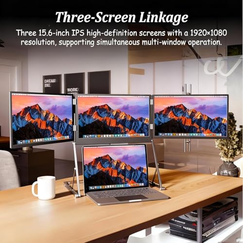 Image of 15.6 in Portable Laptop Screen Extender - 1080p FHD Tri-Fold Monitor, 360 Rotatable Stand, Adjustable Viewing Angles, Compatible with Window & macOS
