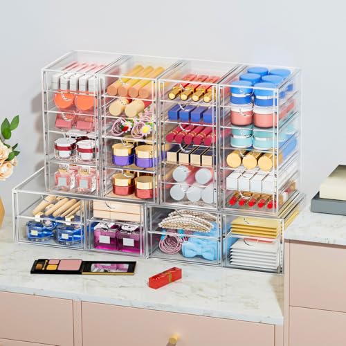Image of caktraie Desk Organizers And Accessories With 22 Drawers, 4 Pack Office Desktop Drawers, Plastic Makeup Organizer Containers Bins With Drawers Desk Organization, Bathroom Organizers Storage Case Box