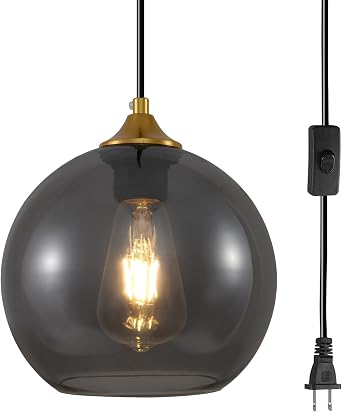 Industrial Black Glass Globe Plug in Pendant Light Hanging Lamp | Smoke Gray Hanging Light with Plug & On/Off Switch, Vintage Gold Corded Over Kitchen Island Sick Dining Table Bar Counter