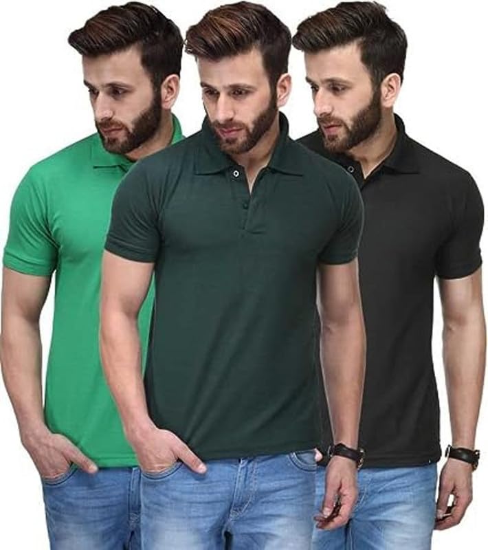 Image of KEOTI Poly Cotton(Mattey) Collar Neck Half Sleeves Tshirt for Men & Boys (Pack of 3), Plain-Regular Fit, Casual Wear, Polo Tees for Daily Use Stylish Comfortable Men's T-Shirt