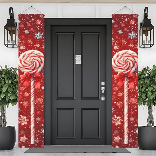 Image of Sweet Candy Cane Porch Banner 11.81x70.87 Inch, Red Snowflake Lollipop Door Sign for Mother's Day, Festive Birthday Party Welcome Flag, Weatherproof Fabric Hanging Decor