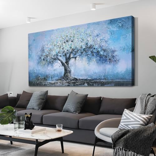 Enartly Tree Wall Art Teal Blue Nature Tree Abstract Canvas Painting Textured Picture, Modern Large Panoramic Landscape Artwork Framed for Living Room Bedroom Bathroom Office Home Decor 40"x20"
