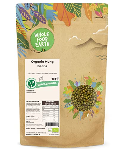 Wholefood Earth Frijoles Mung Orgánicos 2kg | Sin OGM | Veganos | Ricos en fibra | Ricos en proteína | Certificados orgánicos