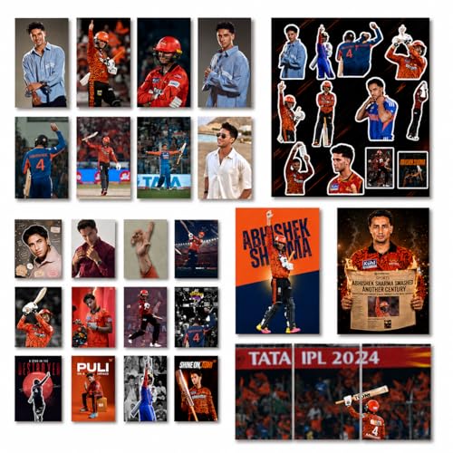 Image of Abhishek Sharma Gift Merchandise | 10 Premium Posters, 13 Stickers, 12 Photocards & 1 Split Poster | Aesthetic Abhishek Sharma Merchandise Gift Set for Cricket Fans | Posters Combo Pack for Room Decor