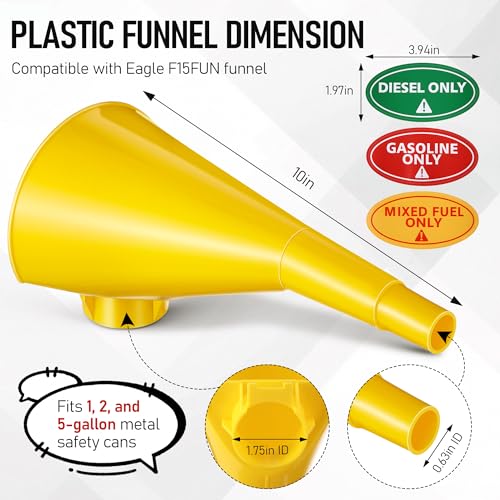 Gulfmew Plastic Funnel for Type I Metal Safety Cans, Compatible with Eagle F15FUN, Fits 1/2/5 Gallon Cans, 10\" HDPE Funnel, Includes Diesel Only, Gasoline Only, Mixed Fuel Stickers(2 Pack)