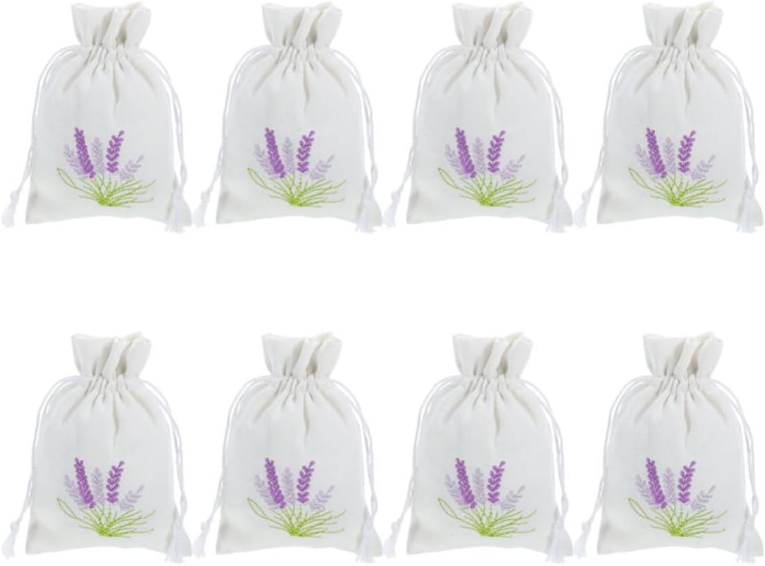 STOBAZA Small Lavender Sachet Drawstring Bags Multipurpose Functionality 8pcs with Unique Lavender Pattern, Canvas Material White Color, 10x14cm Size for Storage Pouches and Present Bags