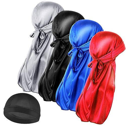 WLLHYF Durag - 4 gorros de seda Durag de cola larga transpirables con 1 gorra ondulada para 360 ondas, turbante suave para pérdida de cabello, gorro de quimioterapia, Gorra negra, azul, plateada, roja