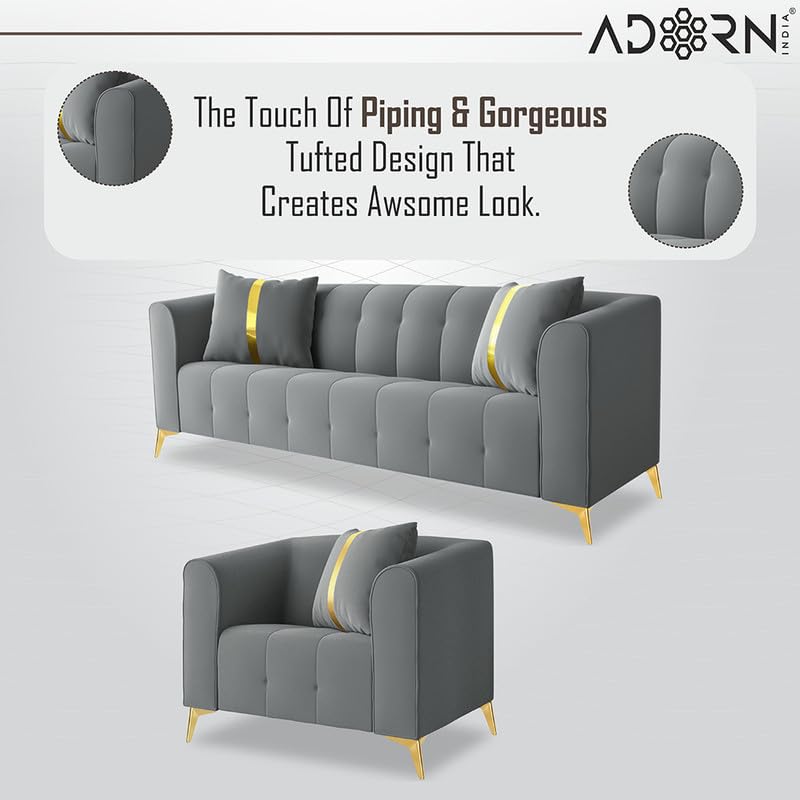 Image of Adorn India Premium Mystic - 3 Years Warranty - 3+1+1 Sofa Set Velvet Suede Fabric - Grey