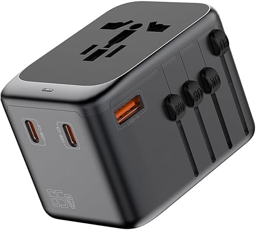 Adaptador de viaje universal, adaptador de enchufe de viaje europeo GaN todo en uno, PD de 65 W de carga rápida, 3 tipos C y 1 adaptador de viaje