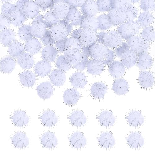 100 Pcs Glitter Tinsel Pom Poms White Pompoms Sparkle White Pom Poms for Crafts Making Cat Christmas Party Decoration (1.5cm in Diameter)
