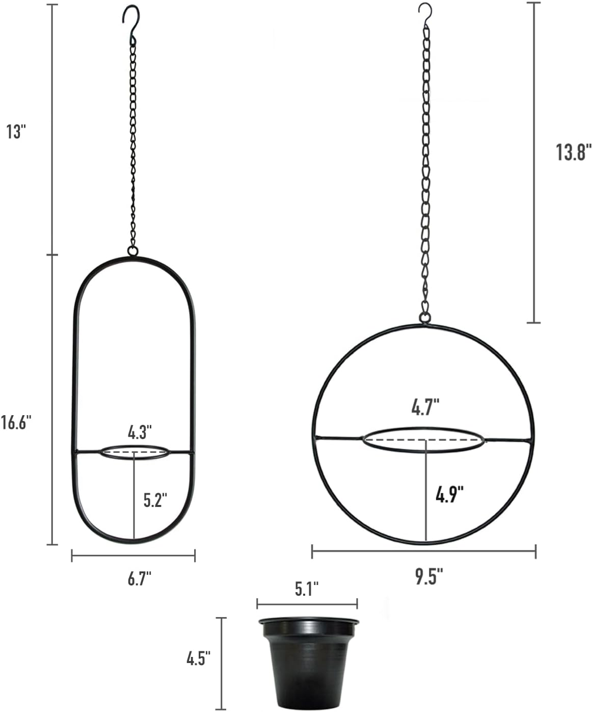 Modern Metal Hanging Planters Set of 2 - Round and Oval Geometric Plant Hangers with 5 Inch Pots - Black Wall and Ceiling Mount Flower Holders for Indoor and Covered Outdoor Décor