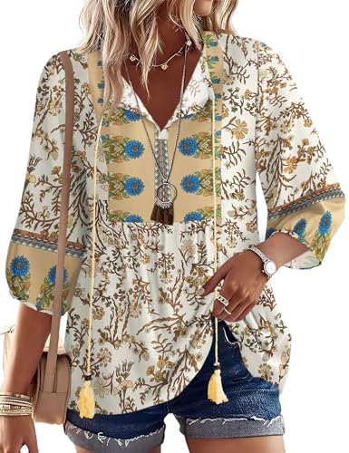 Rapbin Boho Tops for Women Summer Blouses Boho Tops Babydoll Shirts Peasant Linen Outfits Flowy Peplum Casual Tassel Tie Front V Neck Loose Peplum Tunic (Brwon Flower L)