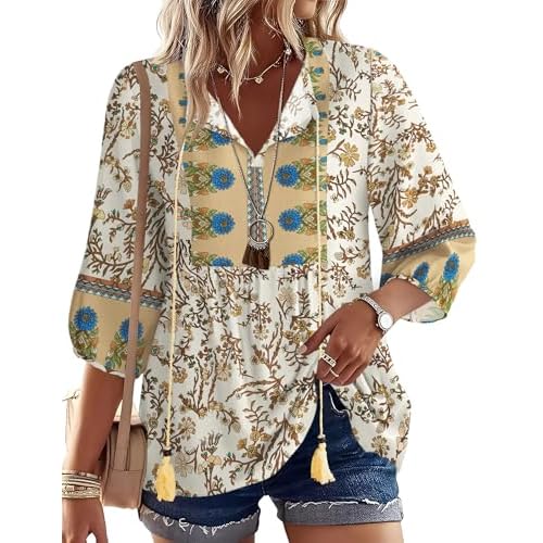 Rapbin Women Summer Boho Tops 3/4 Sleeve Pleated Blouses Casual V Neck Tie Front Spring Tunic Tops Brwon Flower XX-Large