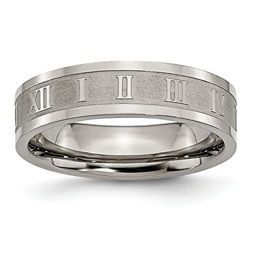 Mens Titanium Roman Numerals 6mm Satin and Polished Flat Wedding Band Ring