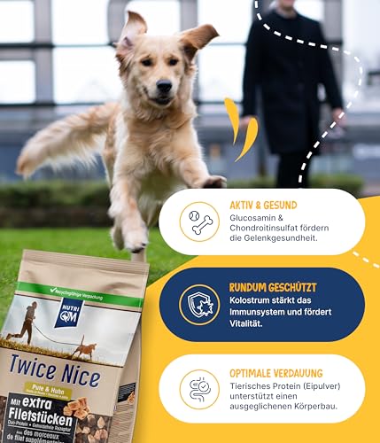 NutriQM® Twice Nice Adult Pute & Huhn 4 kg | Trockenfutter für Hunde ohne Getreide | Mit Superfoods, Filetwürfeln & Omega-Fettsäuren | Leicht verdauliches Hundefutter trocken | Made in Germany