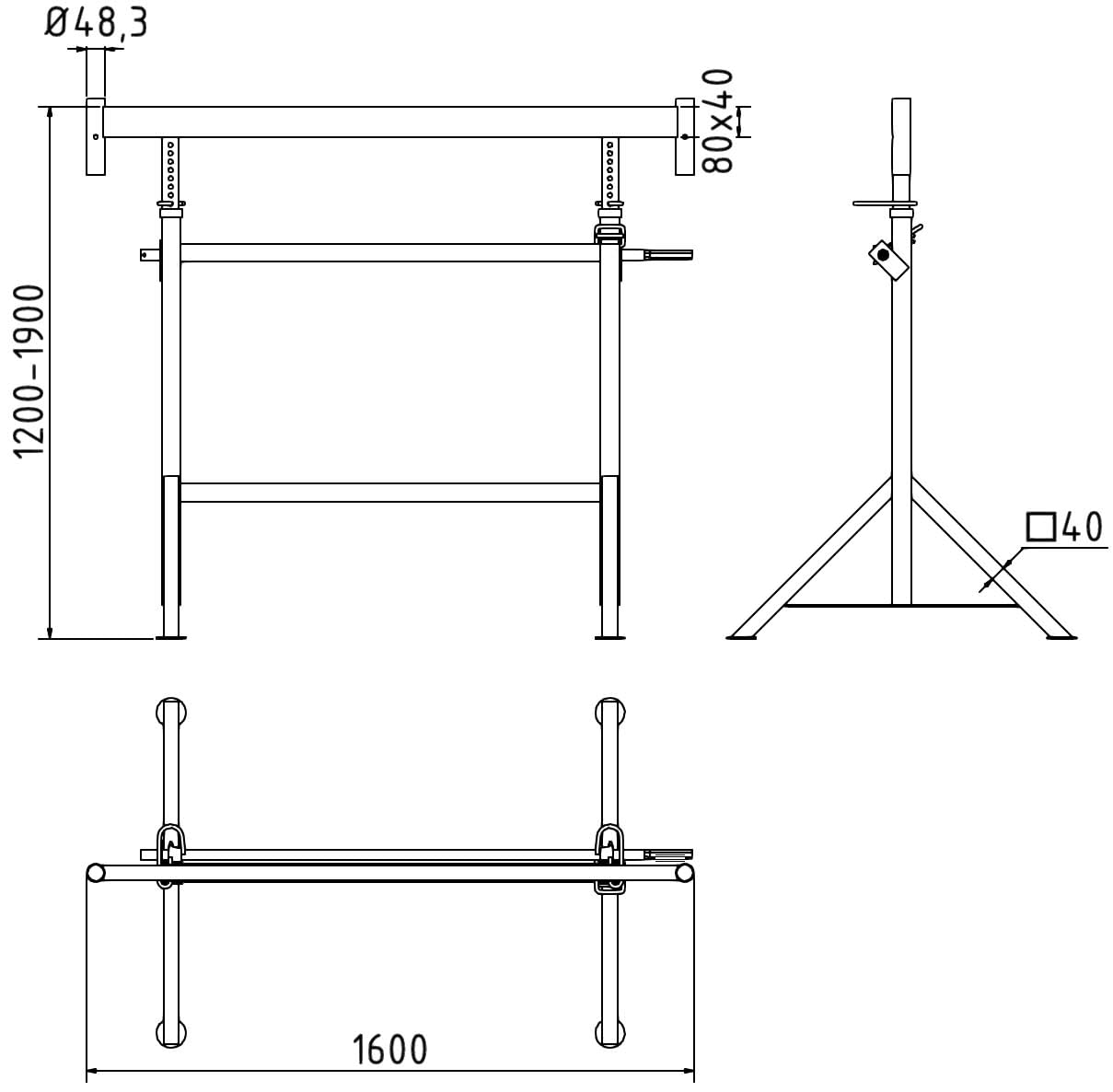 Caballete de manivela K1500 regulable en altura – Superficie de apoyo de 1,50 m – Capacidad de carga de hasta 1600 kg – Altura: 1,20 m – 1,95 m – Lacado